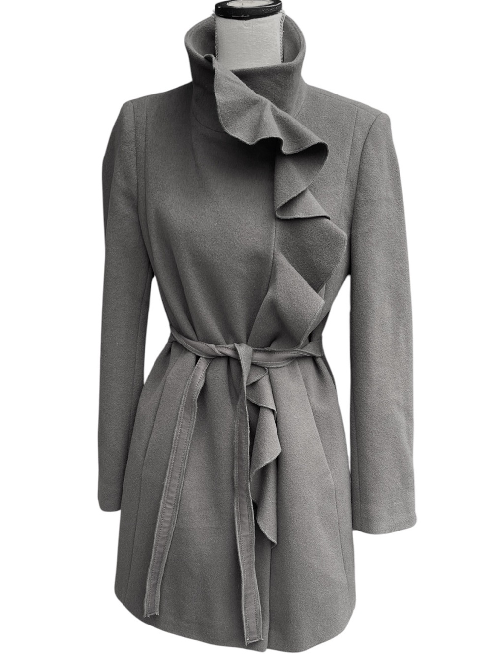 Elie Tahari Greyish Moss Green "Tusk" Ruffle-Front Wool Cashmere Blend Coat (10)